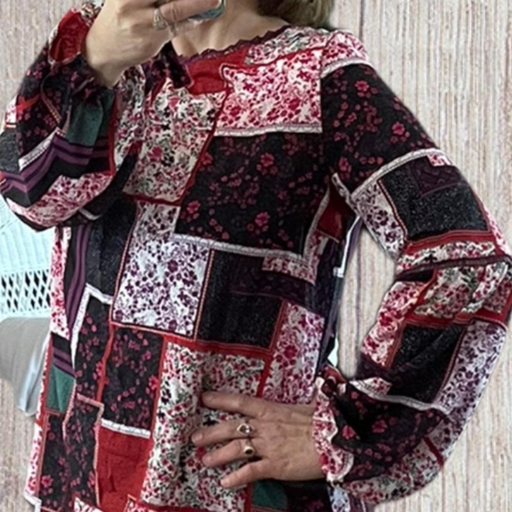 Rose Cottagecore Floral Print Patchwork Tunic Top - Picture 11 of 12